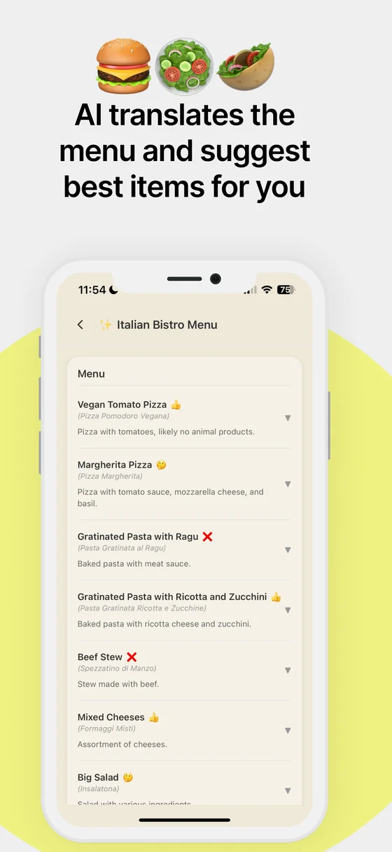 mm food app screenshot showing safe dish recommendations